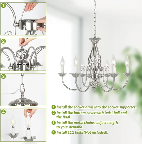 Vista 6 de Lámpara de techo colgante de 6 luces para sala de estar, lámpara de techo colgante industrial rústica, níquel cepillado, moderna lámpara colgante