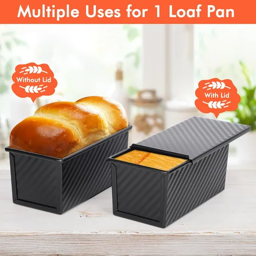 Vista 5 de Beasea Pullman - Molde para pan con tapa, paquete de 2 moldes pequeños antiadherentes para pan de 0.5 lb, acero al carbono, mini caja para pan Negro