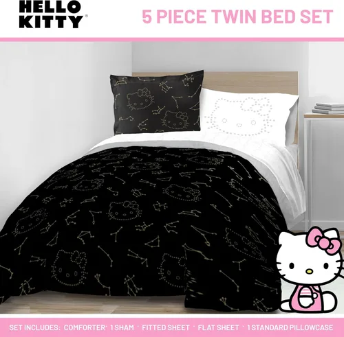Vista 2 de Jay Franco - Juego de edredón de Hello Kitty Stars tamaño individual, 5 piezas, incluye juego de sábanas y fundas de almohada - Ropa de cama súper
