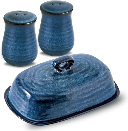 Vista 8 de Hasense Mantequillera con tapa y soporte de cuchara de cerámica para encimera, juego de 2 piezas de accesorios de vajilla de esmalte reactivo azul