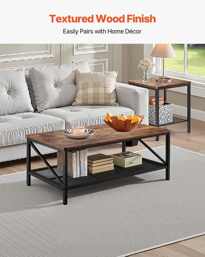 Vista 5 de VEVOR Juego de 3 mesas para sala de estar, mesa de café industrial de 41.3 pulg con 2 mesas auxiliares cuadradas, juego de mesas de café