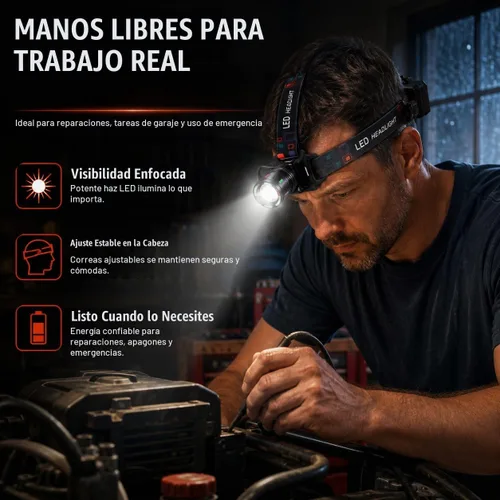 Vista 3 de Linterna frontal LED recargable, 150,000 lúmenes, superbrillante, 60H, con sensor de movimiento, 4 modos, ajustable a 90°, impermeable nivel IPX6
