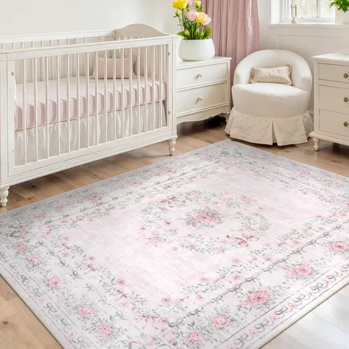 Wonnitar Alfombra rosa con lazo floral para dormitorio, alfombra lavable de 5 x 7 pies para niñas, guardería, ultra fina, antideslizante, suave,