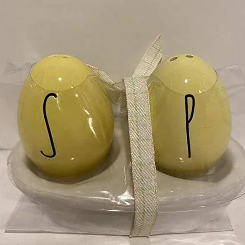 Rae Dunn SALT PEPPER Shakers con bandeja - Decoración de Pascua de cerámica amarilla