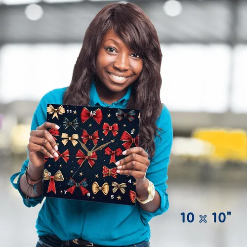 Vista 3 de 3dRose, Reloj de pared vintage de lazos y estrellas de Navidad en rojo, azul oscuro y dorado, 10 x 10