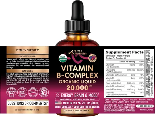 Vista 2 de Vitamina B-Complex orgánico USDA B5 ácido pantoténico B12 metilcobalamina B1 tiamina B6 piridoxina B7 biotina B9 ácido fólico B3