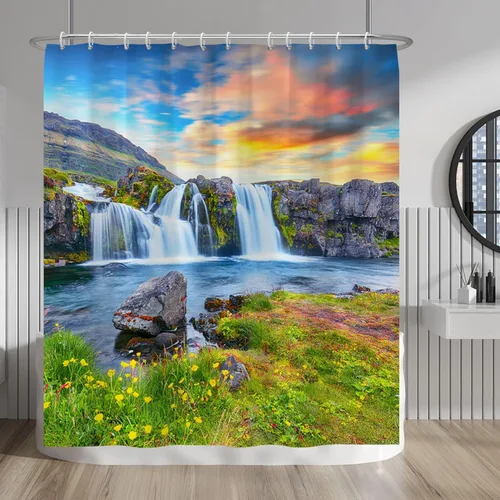 Vista 68 de Baocicco Cortina de ducha de mármol azul abstracto a rayas, decorativa, textura de lujo, línea moderna, decoración de acuarela, juego de cortinas