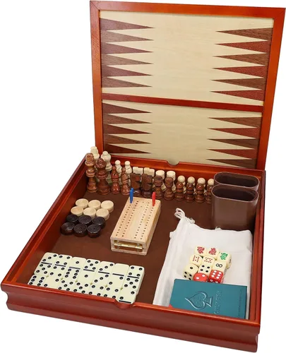 Set de juego de madera 7 en 1, tablero de 12 pulgadas, incluye ajedrez, damas, backgammon, dominó, cuna, dados de póquer, tarjetas