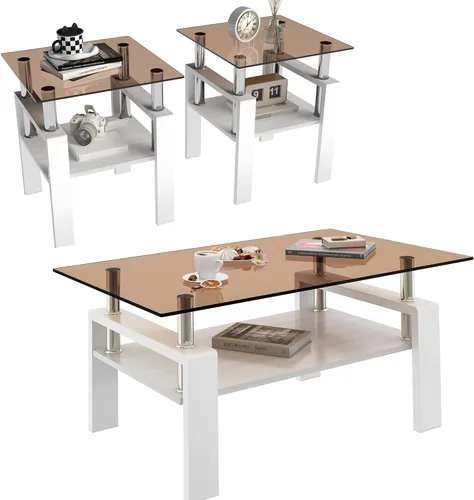 Vista 8 de Juego de 3 mesas auxiliares de cristal para sala de estar, mesa auxiliar de sofá con almacenamiento, patas de metal negro, mesa central rectangular
