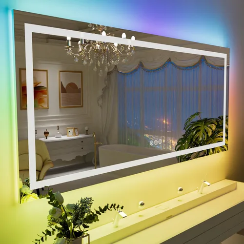 Vista 35 de LOAAO Espejo de baño LED RGB de 60 x 28 pulgadas con luces, grande, antiniebla, espejo de tocador de baño iluminado regulable, múltiples modos