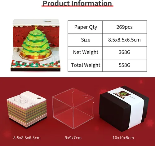 Vista 8 de Bloc de notas 3D para árbol de Navidad con luz, bloc de notas kawaii antiadherente, notas adhesivas 3D, bloc de notas de arte tridimensional