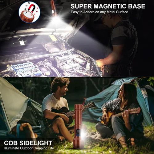 Vista 3 de Linternas magnéticas recargables de alto lúmen, linterna LED superbrillante y potente de 8 modos con luz de trabajo COB, linterna impermeable