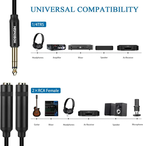 Vista 2 de HOSONGIN Cable divisor estéreo de 1/4 pulgadas (paquete de 2), adaptador TRS macho de 1/4 pulgadas a doble TRS hembra Y, chapado en oro, cable