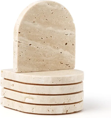 WORHE Juego de 5 posavasos de mármol para bebidas, juego de 5 posavasos de travertino natural para decoración del hogar, mesa de café, tapete de