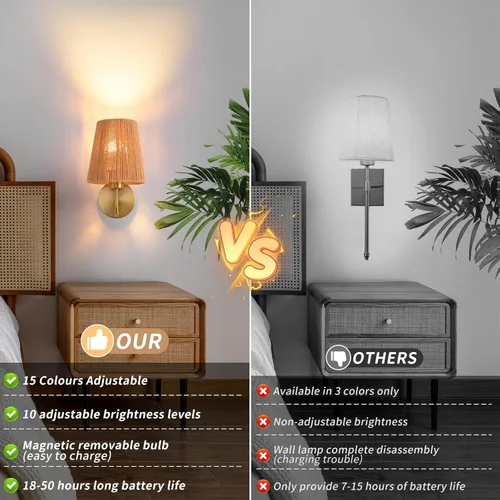 Vista 6 de Juego de 2 apliques de pared bohemios que funcionan con pilas, con pantalla de ratán dorado, luces de pared inalámbricas con bombillas recargables
