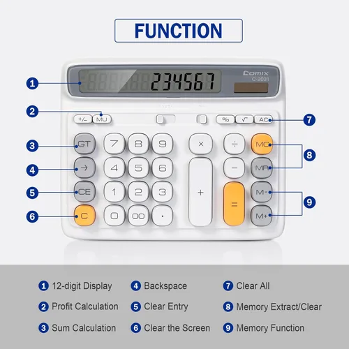 Vista 3 de Comix Calculadora de escritorio con pantalla LCD grande de 12 dígitos, batería solar de doble alimentación, calculadora básica con teclas grandes