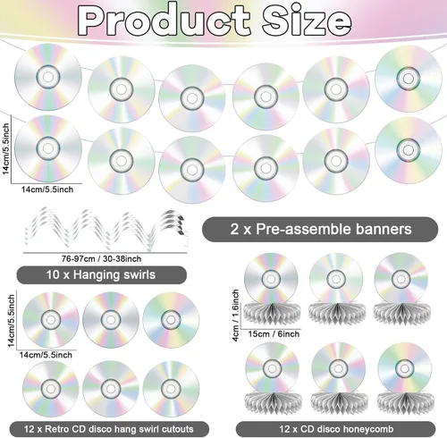 Vista 2 de Juego de decoraciones de fiesta de los años 2000, cumpleaños Y2k, pancartas de papel de CD retro de los 90, guirnaldas de mezcla de temas retro