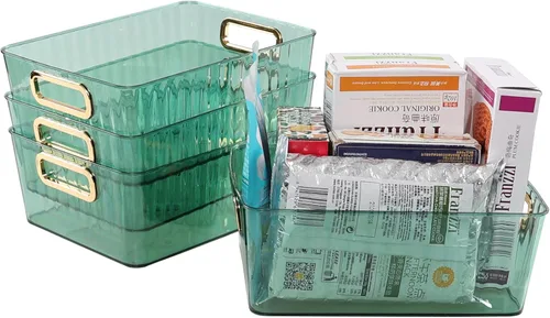 Vista 7 de Contenedores organizadores de despensa de plástico transparente, pequeñas cestas de almacenamiento de plástico, verde, paquete de 4