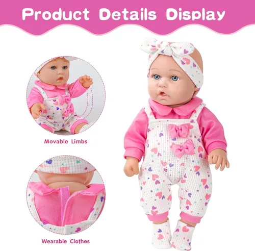 Vista 6 de XFEYUE Muñeca de bebé de 12 pulgadas con lazo rosa, muñecas realistas de 12 pulgadas con ropa y accesorios, botella de chupete de juguete, colección