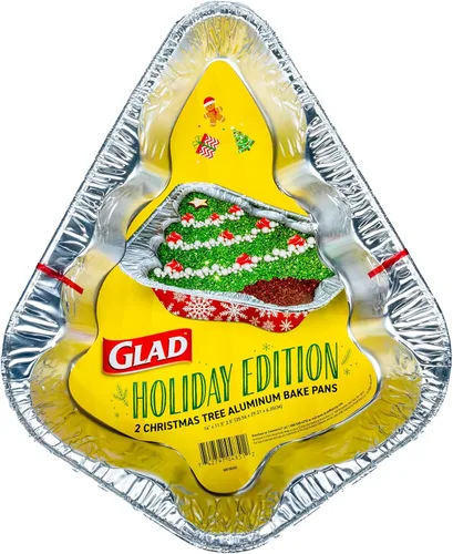 Glad Holiday Edition Moldes de Aluminio para Hornear con Forma de Árbol de Navidad con Patrón de Copos de Nieve Rojos y Blancos, Moldes Desechables