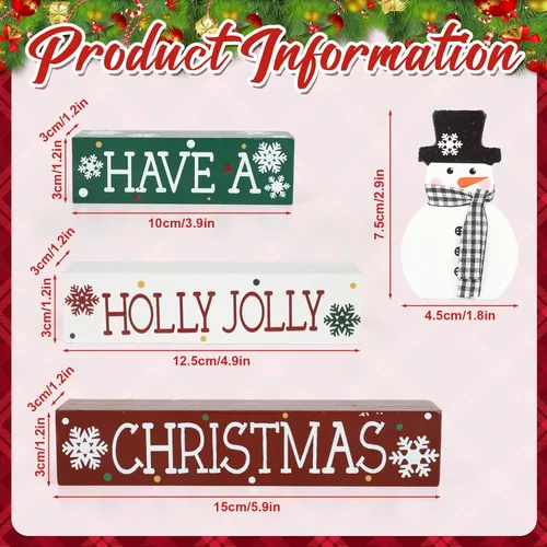 Vista 3 de 4 piezas de decoración de Navidad para interiores, letrero de muñeco de nieve de madera para mesa, centros de mesa, bloque de mesa de Navidad