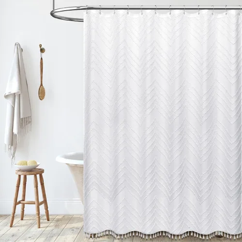 Vista 51 de Dynamene - Cortina de ducha de tela bohemia con rayas con chebrón en relieve, juego de cortina angosta para baño, media cortina impermeable