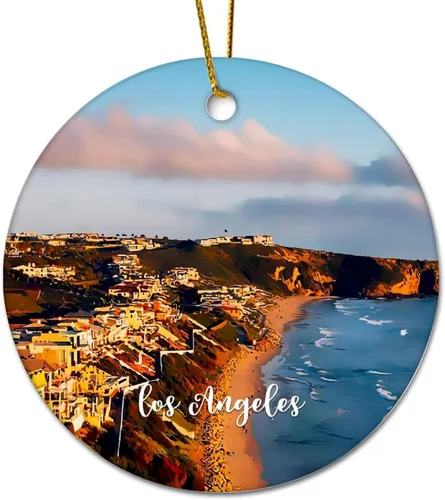Decorative Hanging Christmas Ornaments Los Angeles City Scene Building Cityscape Landscape Flat Circle Ceramic Christmas Ornament for Xmas Tree