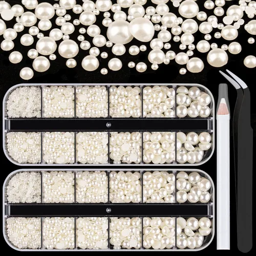 Vista 12 de Kit de 2700 perlas con parte trasera plana, 1 caja de color blanco con parte trasera plana + 1 caja de perlas pequeñas de color beige medio redondo