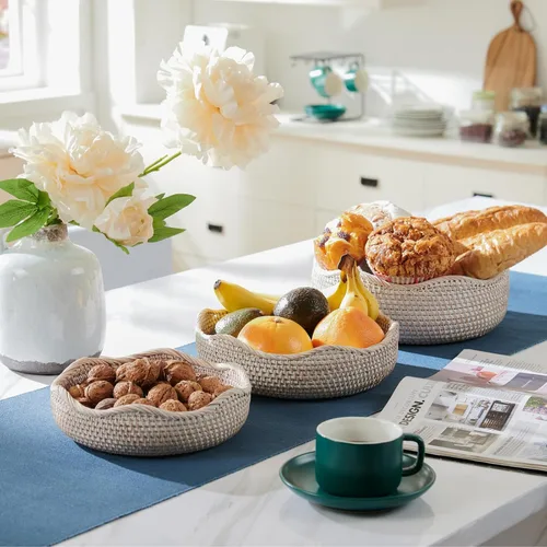 Vista 2 de YANGQIHOME Cestas de frutas redondas de ratán, cuencos de almacenamiento de mimbre, cuencos de cesta de servicio tejida natural, cestas decorativas