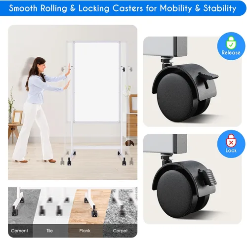 Vista 4 de maxtek Pizarra blanca rodante, 48 x 24 pulgadas de altura ajustable sobre ruedas, gran tablero de caballete móvil magnético de pie, doble cara