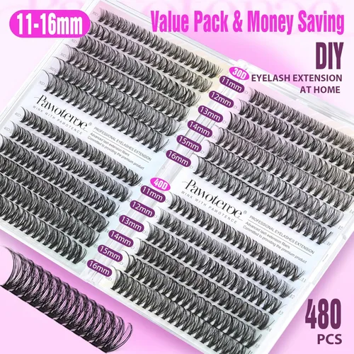 Vista 95 de Kit de extensión de pestañas Pawotence DIY 280 piezas, racimos de pestañas, kit de extensión de pestañas, 9-16mm, 30D, 40D, pestañas individuales