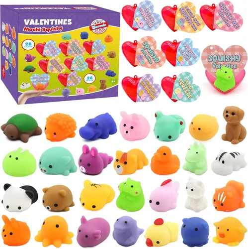 SURCVIO Paquete de 28 regalos para el día de San Valentín para niños, juego de recuerdos de fiesta Mochi Squishies con corazones rellenos y tarjetas