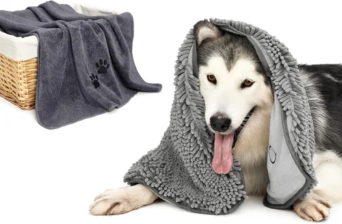 Vista 8 de HOMEIDEAS Juego de 2 toallas para perro, chenilla y microfibra, toalla de baño suave súper absorbente con bolsillos para las manos para secar