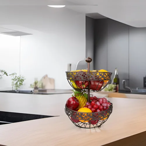 Vista 6 de ROSYLINE Cesta de frutas de 2 niveles, frutero, cocina multiusos y sala de estar, cesta de frutas y verduras (oro bronce)