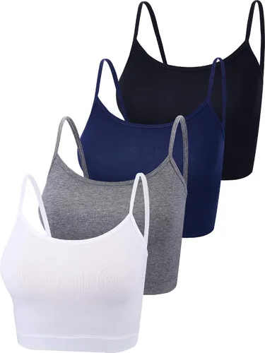 Paquete de 4 camisetas cortas sin mangas para mujer, con tirantes delgados, camiseta corta básica deportiva, media camisola para adolescentes y niñas