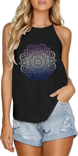 Vista 2 de ETCYY Camisetas sin mangas con cuello halter para mujer, camisetas sin mangas de verano con estampado floral y espalda cruzada básica