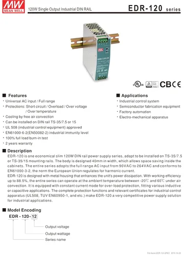 Vista 2 de MEAN WELL EDR-120-24 Fuente de alimentación de riel DIN de salida única 24V 5 Amp 120W