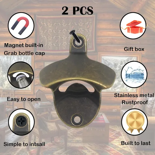 Vista 2 de Abrebotellas magnético vintage para colocar en la pared, con imanes, bronce antiguo (paquete de 2)