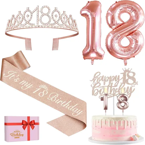 Vista 59 de Decoraciones de cumpleaños número 17 para niña, incluyendo tiara y banda de cumpleaños de 17, decoración para pastel y velas, globos de números