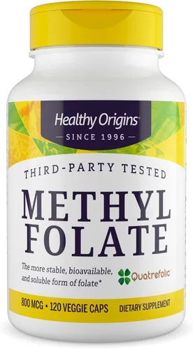 Healthy Origins Metil Folato de 800 mcg (quatrefolic, no OMG, folato biodisponible, sin gluten, soporte neurotransmisor), 120 cápsulas vegetales