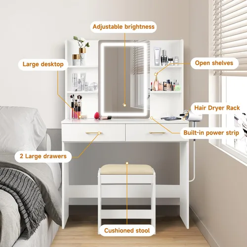 Vista 5 de QUALIKRAFT Escritorio de maquillaje iluminado con toma de corriente y taburete, tocador blanco con espejo LED, con cajones, 6 estantes