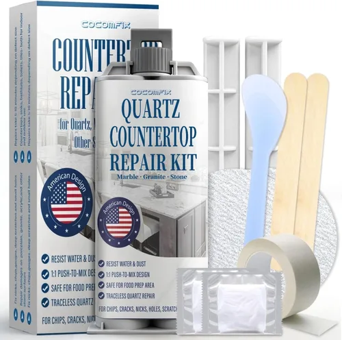 Kit de reparación de encimera de cuarzo (blanco), secado rápido, fijación permanente para virutas de borde, grietas, arañazos, rasguños en cuarzo,