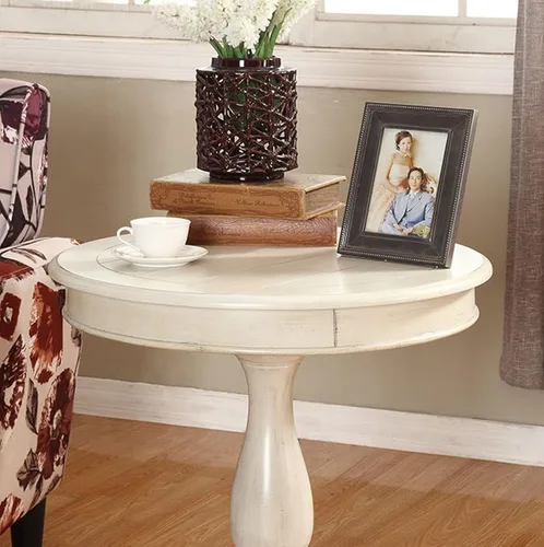 Vista 3 de Roundhill Furniture Rene Mesa auxiliar redonda de madera con pedestal, blanco antiguo