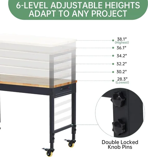 Vista 3 de Work Bench for Garage, 48" Adjustable Workbench with Power Outlets, Wheels, 2000 LBS Load Capacity, Heavy Duty Rubber Wood Top for Garage