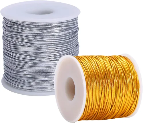 Vista 10 de Cordón elástico metálico para colgar adornos, decoración, envoltura de regalos, 0.039 in, 65 yardas (dorado)