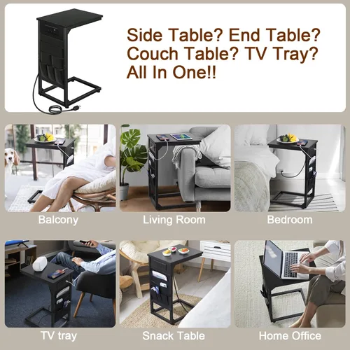Vista 6 de AMHANCIBLE - Mesa auxiliar en forma de C con estación de carga, juego de bandeja para TV de 2 piezas, mesas de sofá con bolsa de almacenamiento