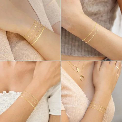 Vista 4 de MBW Pulseras de oro para mujer, delicadas pulseras apilables chapadas en oro de 14 quilates para mujer, juego de pulseras de oro a la moda, pulseras