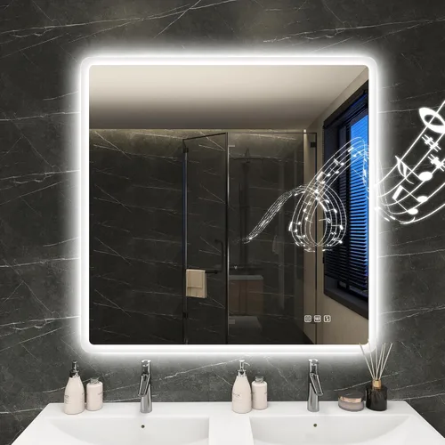 Vista 15 de S·BAGNO - Espejo de baño LED de 40 x 28 pulgadas con marco negro, espejo LED para baño, altavoz Bluetooth integrado, brillo regulable, cambio