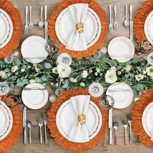 Vista 6 de MAONAME Platos Base Naranjas, Platos Base de Arrecife para Plato de Cena, Platos Base de Plástico de 13 Pulgadas para Decoración de Bodas, Juego de 6