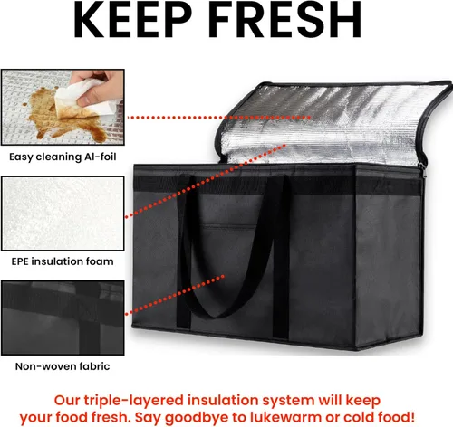Vista 3 de NZ home Bolsa térmica XXL aislada y calentador de alimentos para entrega y compras de comestibles con parte superior con cremallera, color negro